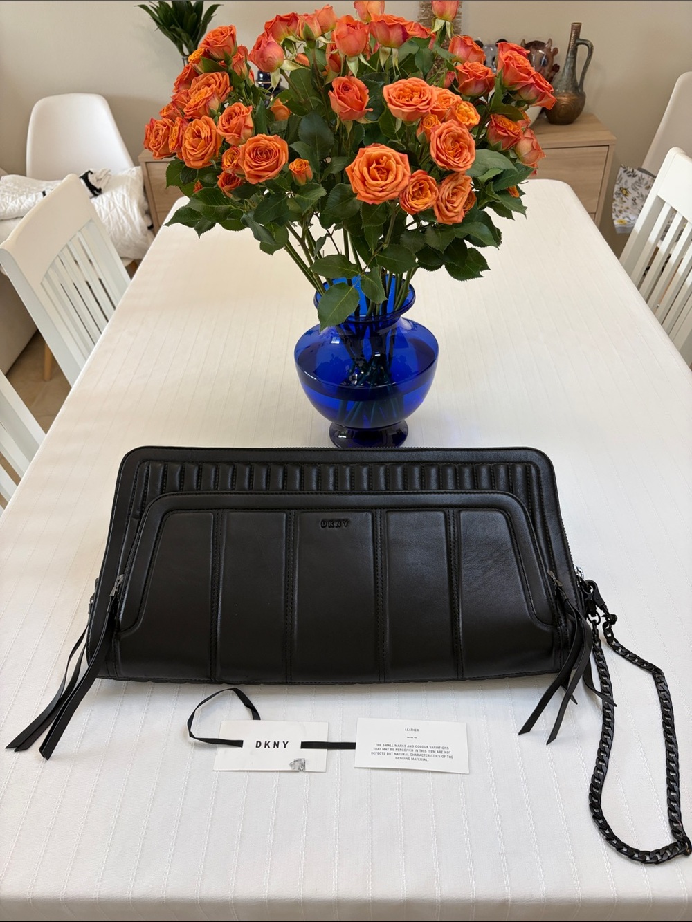DKNY Black Leather Quilted Zip Wristlet Clutch with Chain Strap